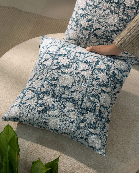 Blue Block Print Floral Cushion Cover 18"x18" (set 2 pcs)