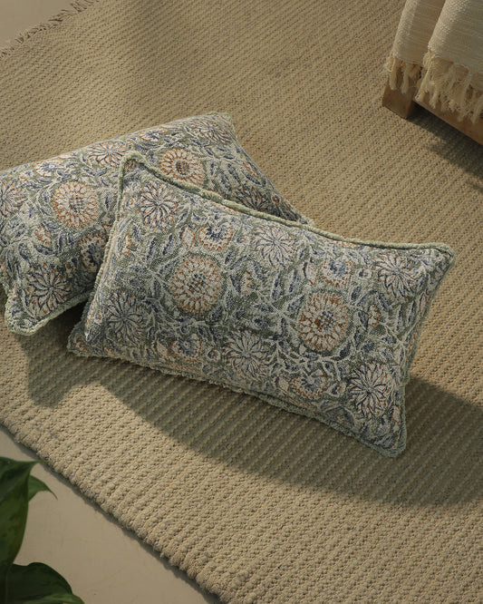 Handmade Floral Block Print Indian Pillow Cover 12"x 20" (set 2 pcs)