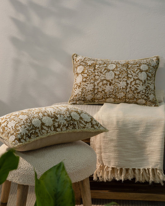 Cotton Block Printed Floral Pillow Cover 12"x 20" (set 2 pcs)