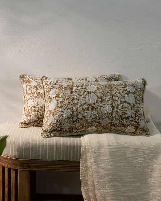 Cotton Block Printed Floral Pillow Cover 12"x 20" (set 2 pcs)