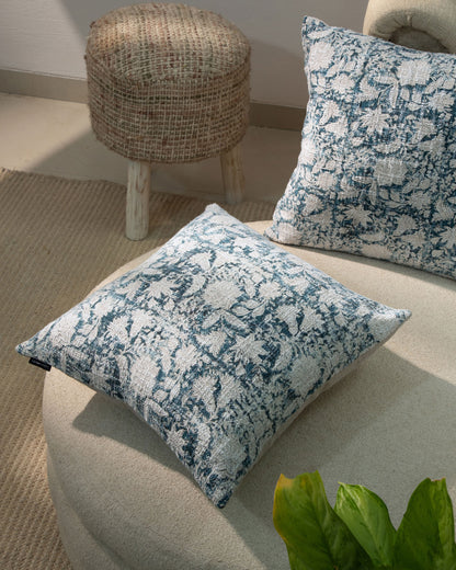 Blue Block Print Floral Cushion Cover 18"x18" (set 2 pcs)