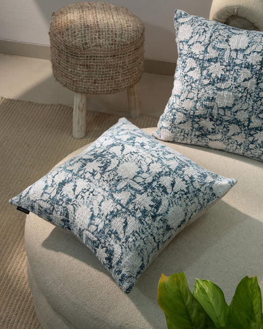 Blue Block Print Floral Cushion Cover 18"x18" (set 2 pcs)