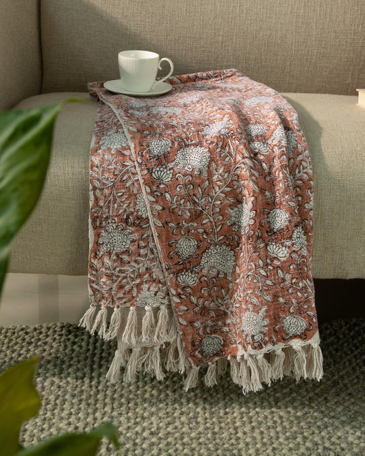 Boho Rust Floral Block Print Cotton Throw Blanket 50"x60"