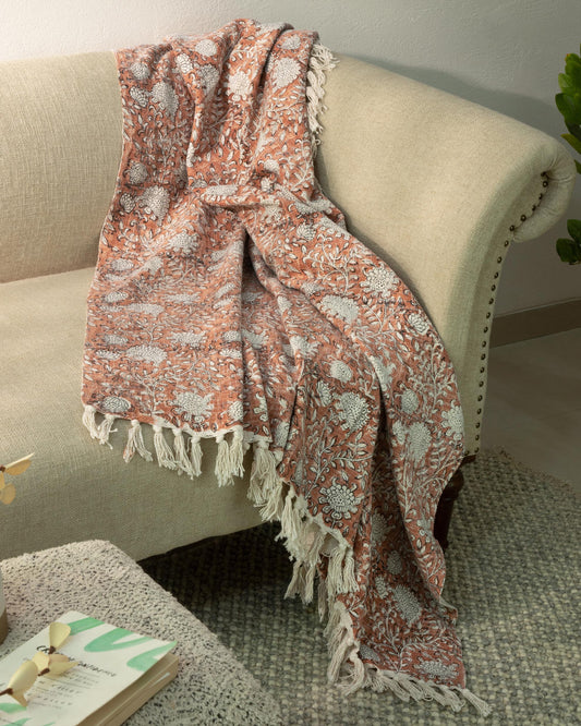Boho Rust Floral Block Print Cotton Throw Blanket 50"x60"