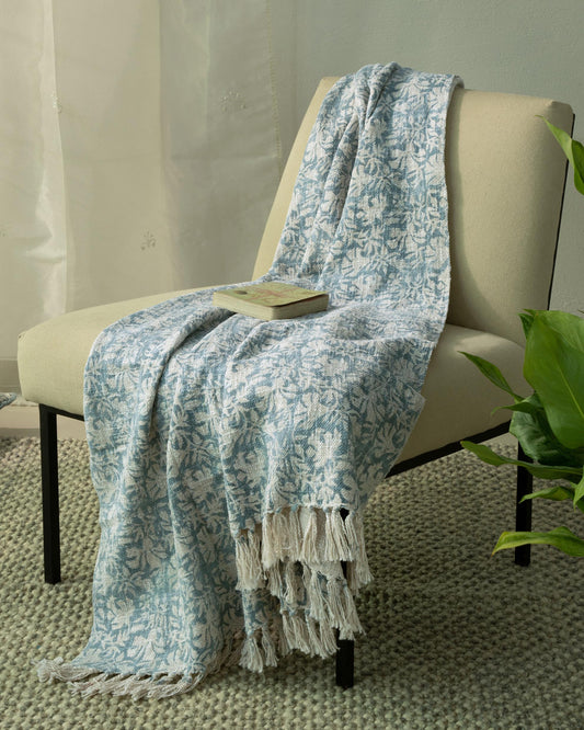 Dusty Blue Block Print Cotton Throw with Fringe 50"x60"