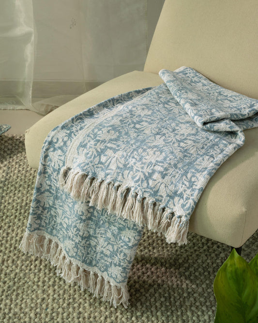Dusty Blue Block Print Cotton Throw with Fringe 50"x60"