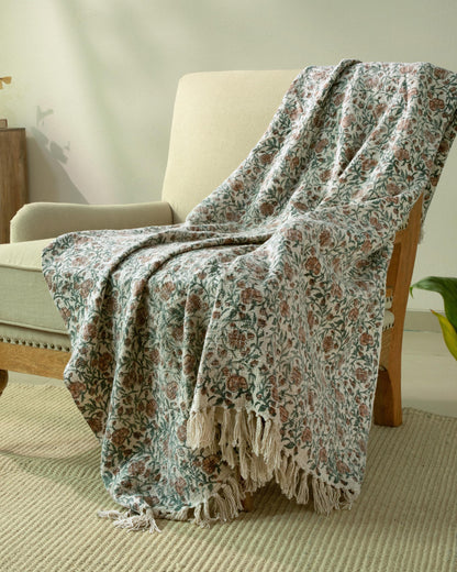 Sage Green & Rust Floral Block Print Cotton Throw on Ivory 50"x60"