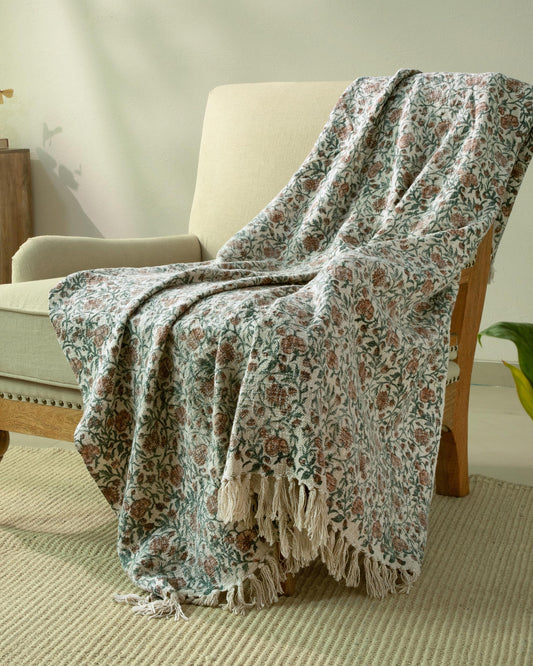 Sage Green & Rust Floral Block Print Cotton Throw on Ivory 50"x60"