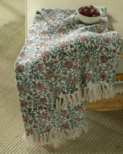 Sage Green & Rust Floral Block Print Cotton Throw on Ivory 50"x60"