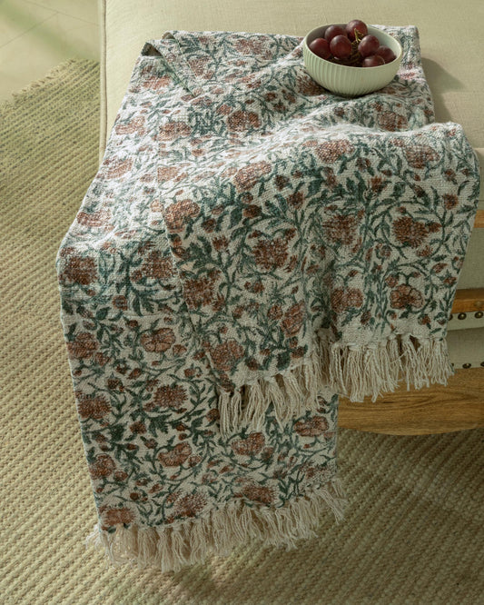 Sage Green & Rust Floral Block Print Cotton Throw on Ivory 50"x60"