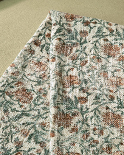 Sage Green & Rust Floral Block Print Cotton Throw on Ivory 50"x60"