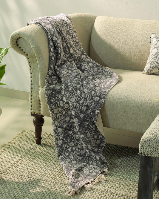Charcoal Gray Floral Printed Throw Blanket with Fringe – 50" x 60"