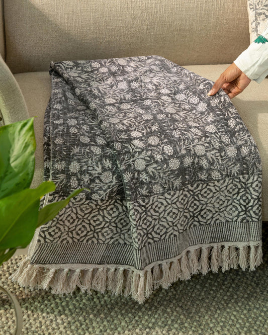 Charcoal Gray Floral Printed Throw Blanket with Fringe – 50" x 60"